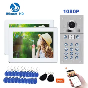 10 Inch Touch Screen 2 Monitor 1080P Tuya WiFi Cablu Video Interfon cu Camera si Codul de Tastatura/Carduri RFID Sistem de Control Acces