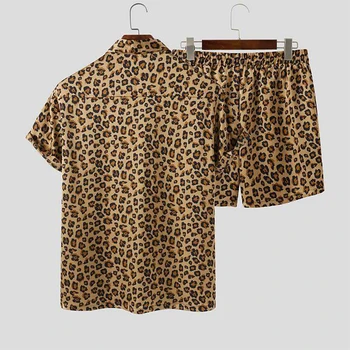 2 Buc/Set Oamenii Leopard De Imprimare Scurt, Camasi Cu Maneca + Pantaloni Scurți, Tricou Casual Pantaloni Scurți De Vară, De Plajă, Tricouri, Pantaloni Scurți Bărbați Seturi