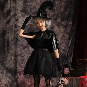 2013 Nou Fată Costumul De Halloween Vrăjitoare Magician Întuneric Demon Witch Șal Rochie Și Pălărie Set Cosplay Joc De Lei Costum De Bal Mascat